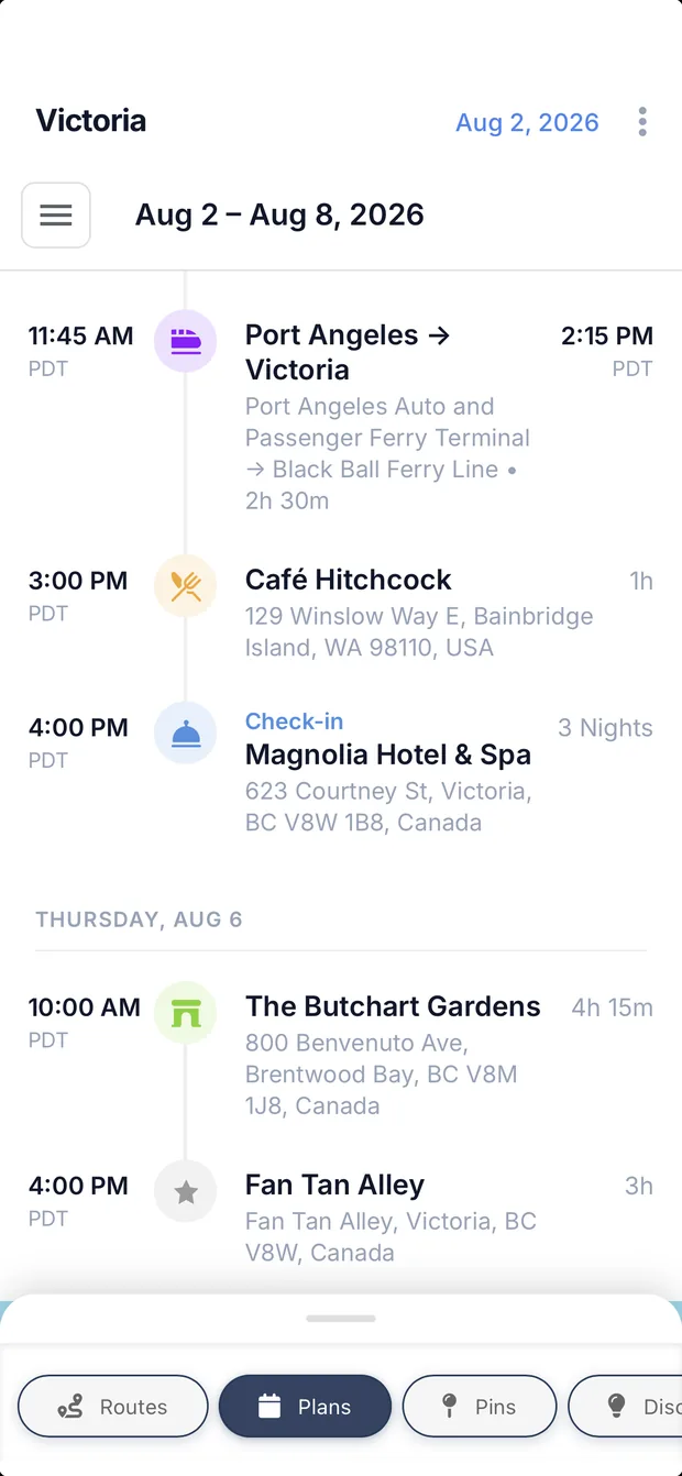 A PinTrips itinerary for Victoria: a ferry crossing, lunch, hotel check-in and the next day's plans, each with times and durations.