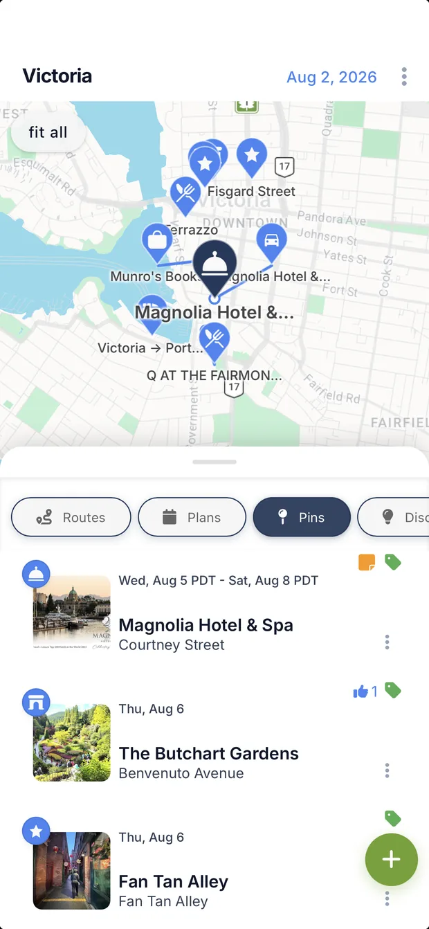 PinTrips showing a Victoria trip: pinned places on a map, with saved hotels, gardens and streets listed below.